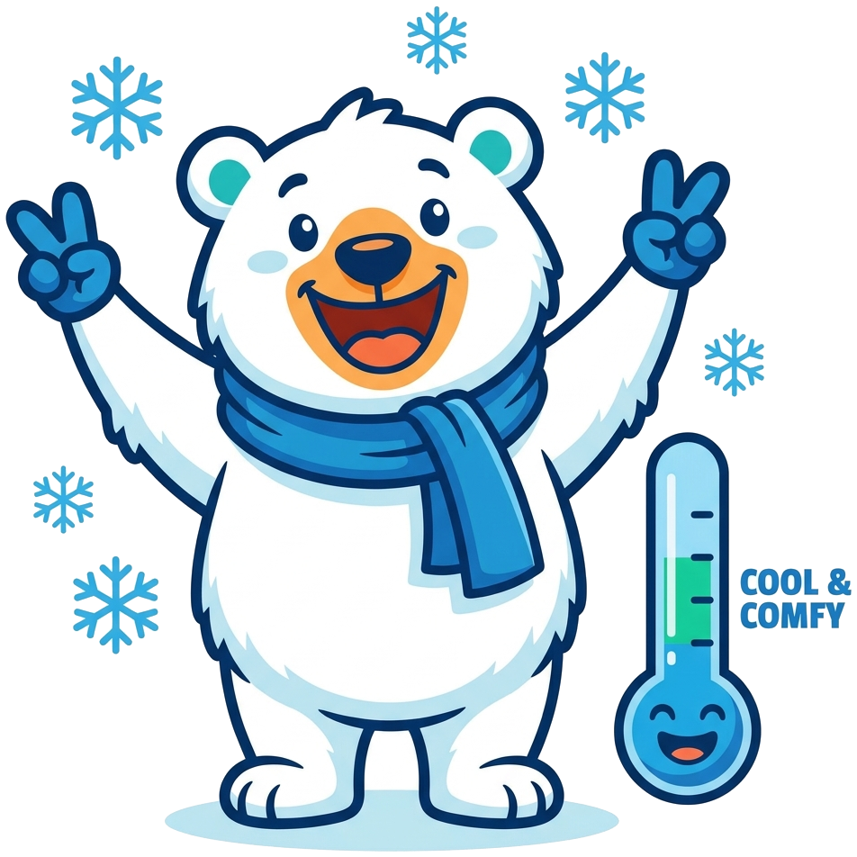 Osito polar mascota de Expertos HVAC, fresco y cómodo gracias al aire acondicionado